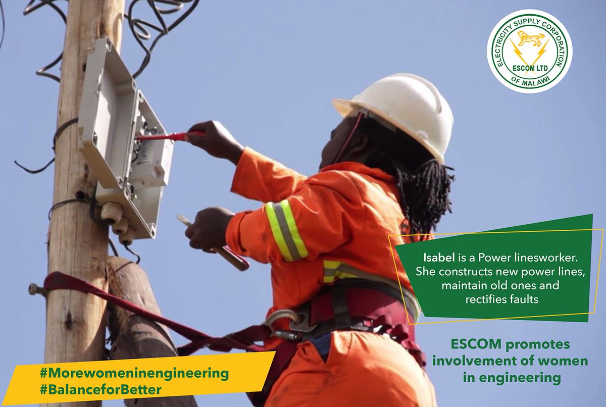 ESCOM_Malawi's tweet photo. Isabel is a power linesworker at #ESCOM. She constructs new power lines, maintain old ones and rectifies faults. #engineerwoman #STEMwoman https://t.co/2G2qzUjiZi