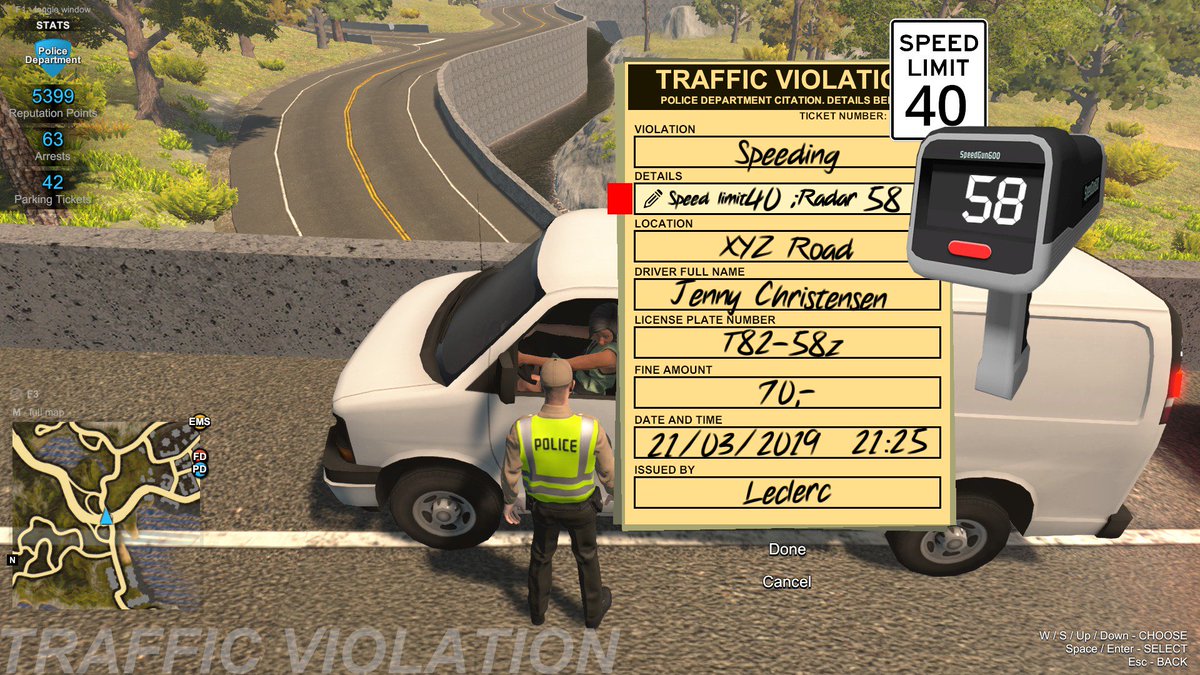 3adam15's tweet image. #FlashingLightsGame でスピードレーダーを使った交通取締りを行い、18mph超過の車を検挙。チケット記入は氏名、ナンバー、制限速度と計測速度をタイプして入力しないといけない。細かいところは出来上がりつつある。