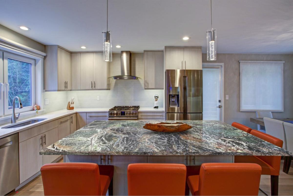Choose your stone before you choose the size of your island.  This will prevent any unwanted seams. (Pictured: Rain Forest Green)
#Mysticgranite #countertops #quartzite #granite #marble #kitchenremodel #remodel #bathroomremodel