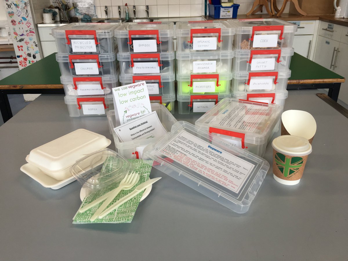 VarndeanDT's tweet photo. We've been working on our Smart Materials collection here in DT and have given our @varndeancanteen @vegware packaging its own box. Vegware is 100% #compostable - what's not to love! #ditchtheplastic #ReduceReuseRecycle #climatechange #designtechnology #smartmaterials https://t.co/Azj6oqiCiE