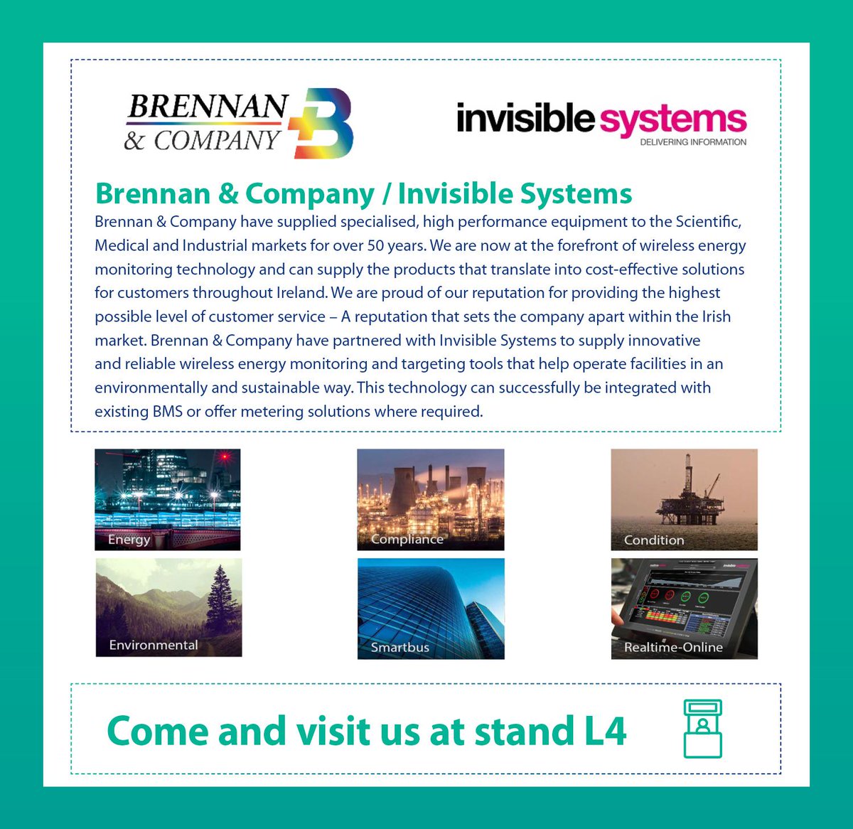 Brennan_Company's tweet photo. Subject: FW: SEAI
Meet us at the @SEAI_ie #EnergyShow19 ! We look forward to meeting business owners in the renewable energy sector and discussing what @Brennan_Company @InvisibleSys can do for you
#renewablenergy #energyexperts #remoteenerymonitoring #remotewatermonitoring https://t.co/OTYYpAX0uD
