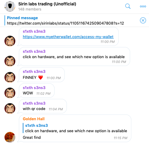Bitalks's tweet photo. @SIRINLABS @myetherwallet LOL. Mar 15, a week ago, sixths3ns3 &amp; glyfada telegram user shared this at Unofficial group : ) @100THS3 🤣
Official team works "2 Fast 2 Furious" : ) and, They closed 24/7 live-support at official telegram group 🤡
Source: https://t.co/0fsXzkMoeB https://t.co/LK6ryhUpKa