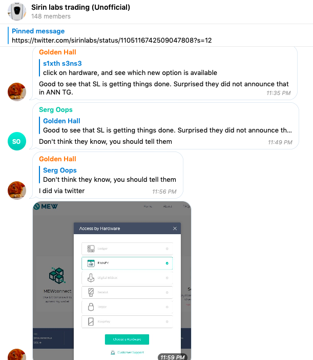 Bitalks's tweet photo. @SIRINLABS @myetherwallet LOL. Mar 15, a week ago, sixths3ns3 &amp; glyfada telegram user shared this at Unofficial group : ) @100THS3 🤣
Official team works "2 Fast 2 Furious" : ) and, They closed 24/7 live-support at official telegram group 🤡
Source: https://t.co/0fsXzkMoeB https://t.co/LK6ryhUpKa