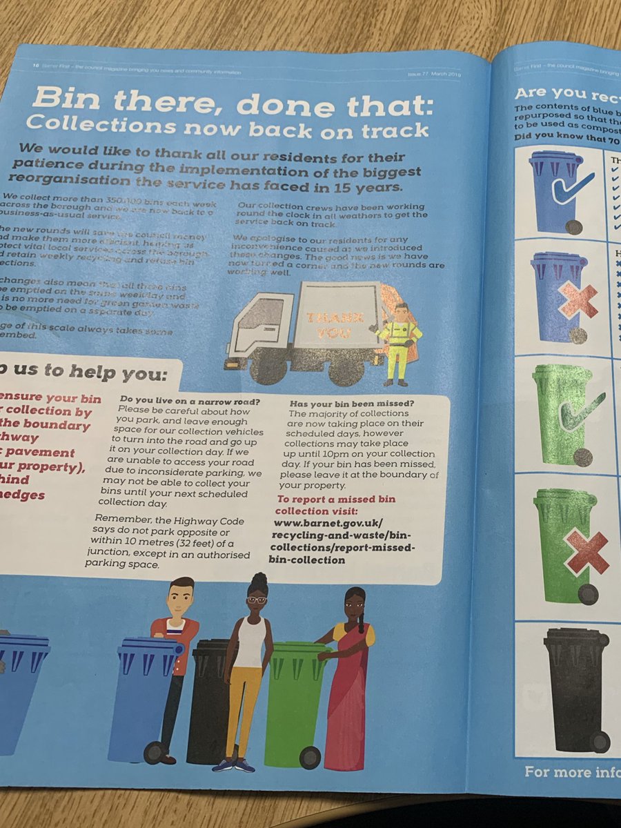 NickGWhizz's tweet photo. Dear @barnetcouncil. I find it bizarre that in the latest BarnetFirst magazine you are congratulating yourselves on your bin collections after such a fiasco this winter and still no mention of future plans for food waste collection after shoddy cancellation of service. https://t.co/9OyTwIF962