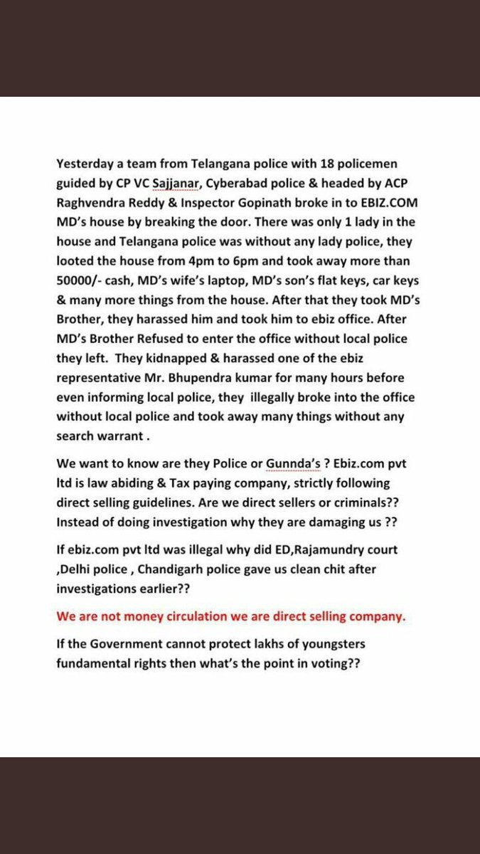 ArvindPatharkar's tweet photo. We 1 lakh will not give vote 
If you don’t hear our voice We sincerely want investigation against conduct of Telangana Police by H’rble  if not heard, 1CR voters directly/indirectly with EBIZ won’t vote &amp; march to jantar mantar. #justice4ebiz #nota https://t.co/B9CVVTmmk1 https://t.co/O1UDekM764