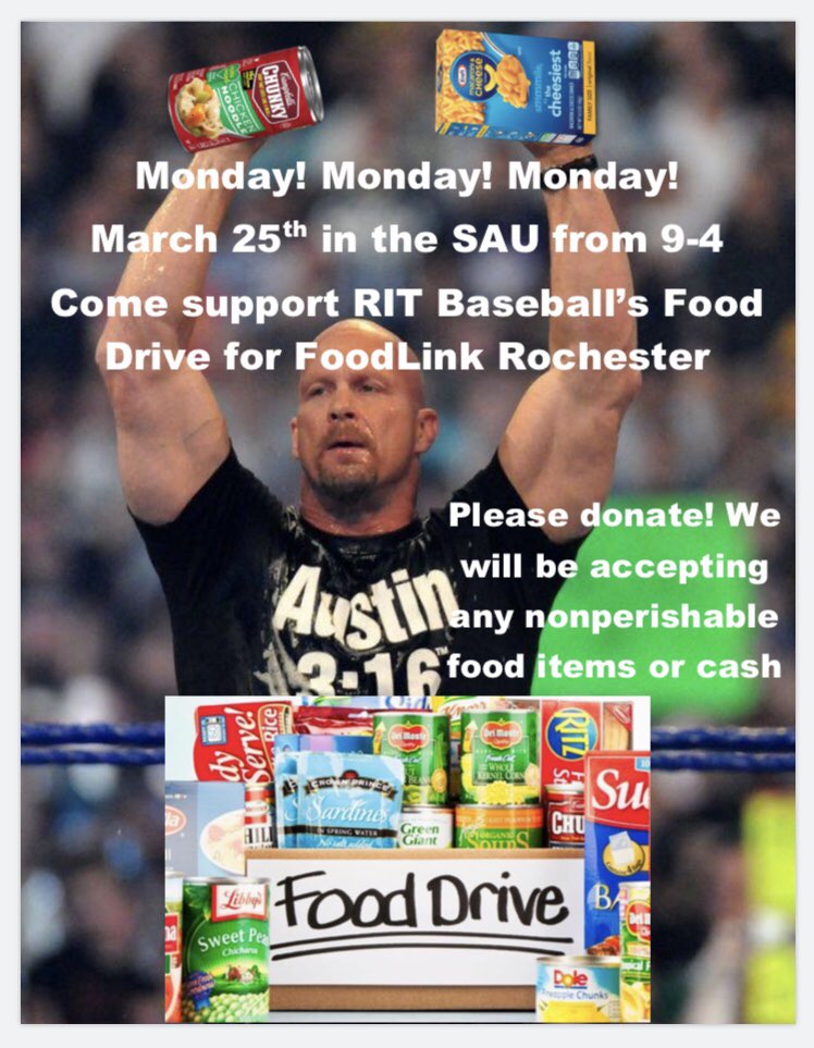 rit_baseball's tweet photo. Swing by the SAU on Monday, March 25, for our Food Drive! Please donate as your means allow!

#GoTigers https://t.co/8GTibZppLS