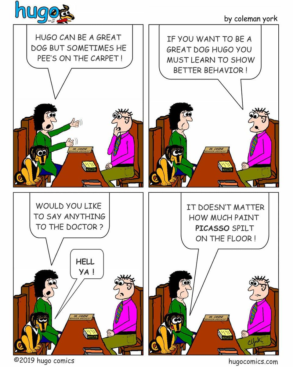 HugoComics's tweet image. Hugo is getting a lecture for peeing on the carpet but he has something to say about that ... 

#dogs #doghumour #doglife #doglover #doggy #DogFriendly #comics #comicstrip #ilovemydog #hugocomics