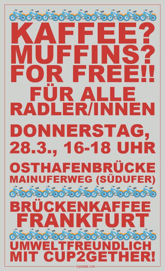 Kurierprinzess1's tweet photo. Brückenkaffee in Frankfurt, es ist wieder soweit! Frühlingskaffee for free für ALLE Radler am südlichen Mainufer gelegen unter der neuen Osthafenbrücke! Kommt vorbei und lasst euch belohnen fürs Radeln!

Ab jetzt immer mit den umweltfreundlichen Bechern von cup2gether! Ihr könnt https://t.co/bO812jxodF