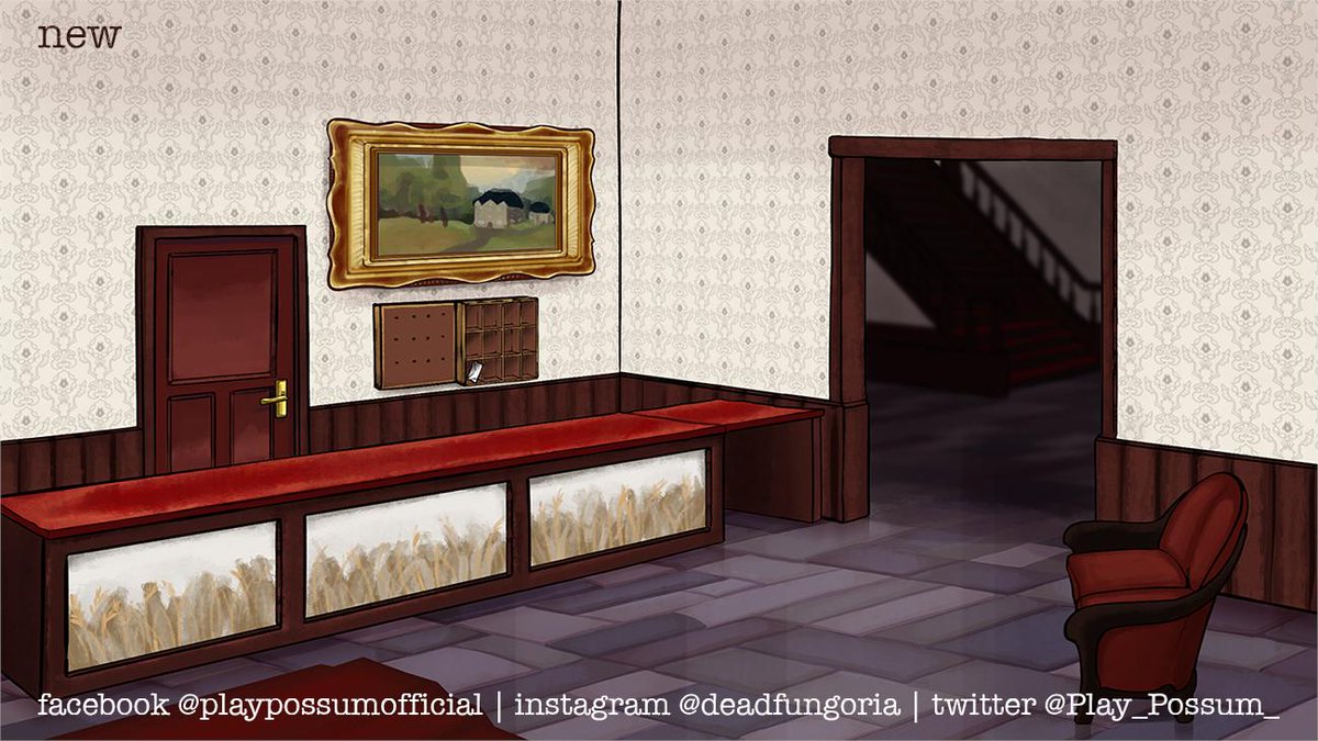 Play_Possum_'s tweet photo. New front desk for Sleeper Manor. Even a little bit of an facelift goes a long way🔨🍄

#deadfungoria #indiegame #indiedev #pointandclick #visualnovel #lovecraftian #horrorgame #gameart #background #backgroundart #drawthisagain https://t.co/3h5c62nTqu