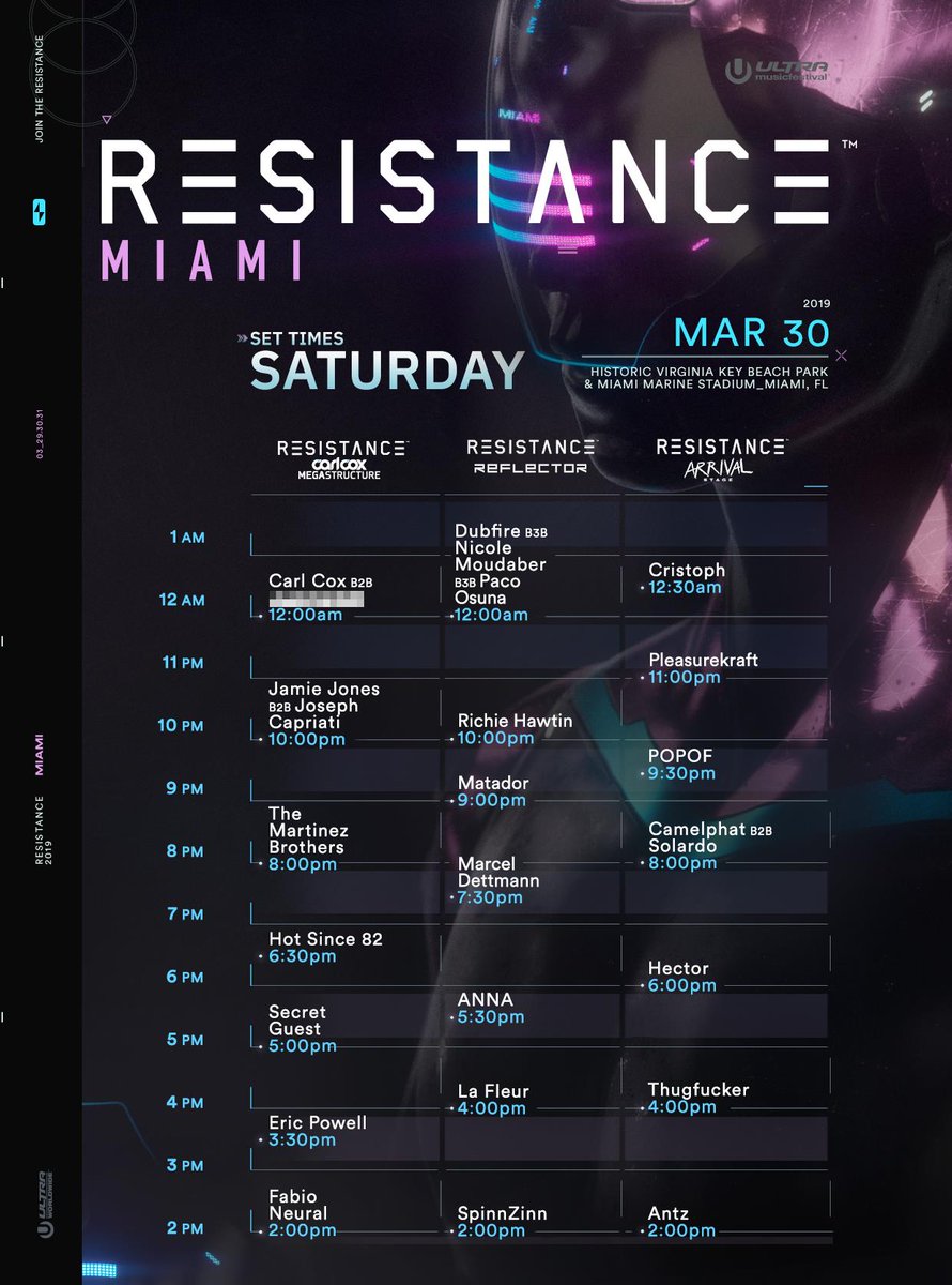 SpinnZinn's tweet photo. Official Set times for the @PLAYdifferently  Presents @ResistanceMusic  - @ultra 2019! Which of you will I see on the dance floor? https://t.co/WWuXuTNsHn