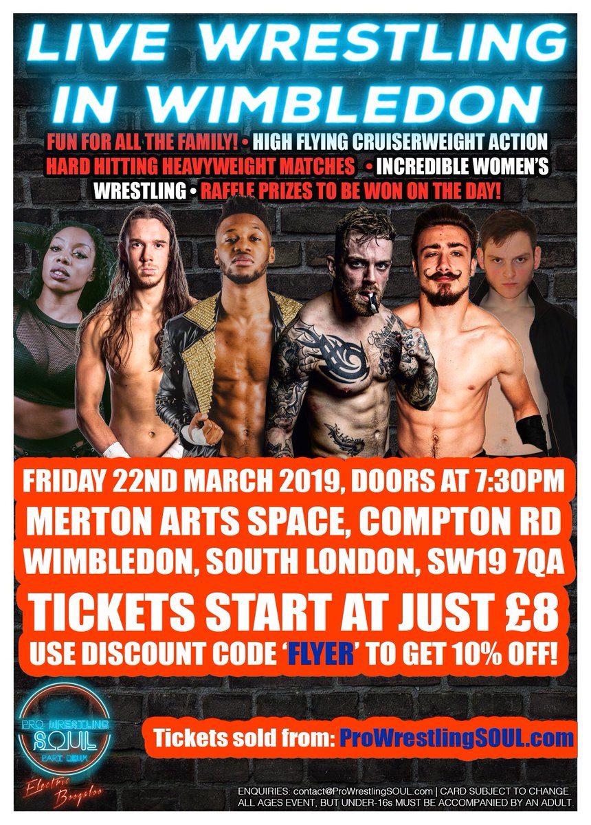 SOUL 2: Electric Boogaloo is TOMORROW⚡️🧡

Last few tickets remaining! 
(Limited tickets available on the door)

🤼‍♂️LIVE from <a href="/MertonArtsSpace/">Merton Arts Space</a> in Wimbledon, South London. 
♿️Fully accessible station and venue
⏰Doors at 7:30pm

🎫Tickets starting at £8: ProWrestlingSOUL.com🌐