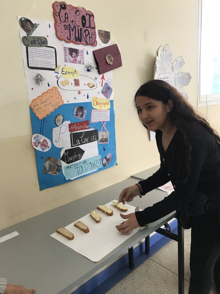 Loi de Murphy : la tartine tombera t elle du côté du beurre ou du Nutella ? Expérimentation de Lyna et Malak 
#sciencefair @AgadirLycfranc #loidemurphy #sciences