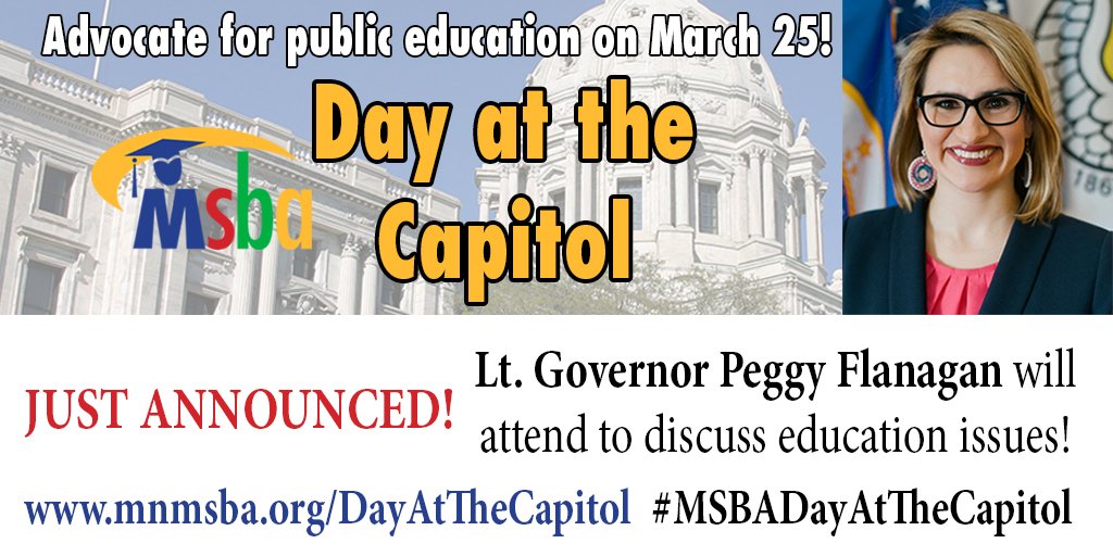 mnmsba's tweet photo. Lt. Gov. Peggy Flanagan (@LtGovFlanagan) will join us at MSBA Day at the Capitol! Lt. Gov. Flanagan — who is also a former Minneapolis School Board member — will discuss education issues with MSBA members! Walk-ins are welcome! https://t.co/ERuKlPYRef #MSBADayAtTheCapitol https://t.co/J6GiQvq8xG