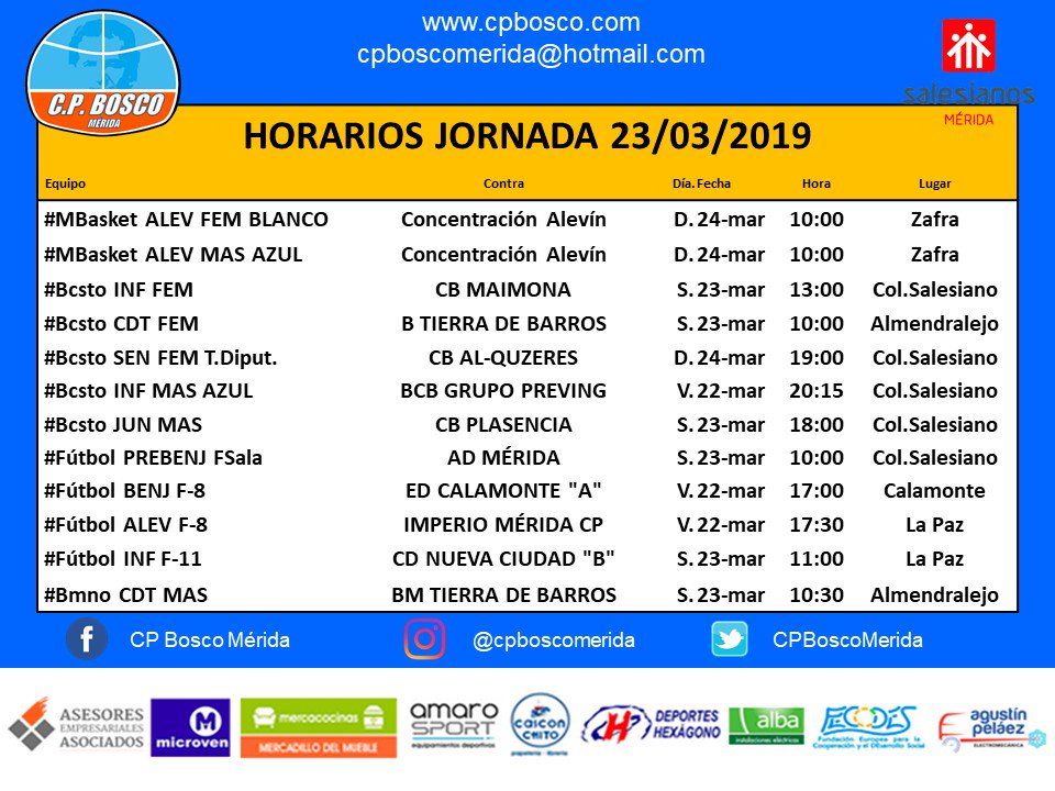 CPBoscoMerida's tweet photo. Horarios @CPBoscoMerida para la siguiente jornada.
#MBasker #Fútbol #Bmno.
Segimos con 4 equipos #Bcsto en cruces eliminstorios.
@SalesianoMerida @C_J_Amicitia
#VamosAzules #VamosBosco
@FExB @fexbm @FedExFutbol https://t.co/Xv9nNBkDWT