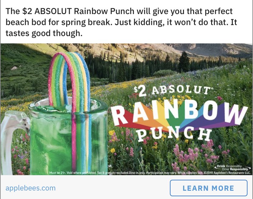 We appreciate the #truthinadvertising. And the $2 <a href="/absolutvodka/">Absolut</a>! Good work, <a href="/Applebees/">Applebee's Grill + Bar</a> 
#drinkinggame #rainbowpunch
ByeByeLiver.com/Preorder