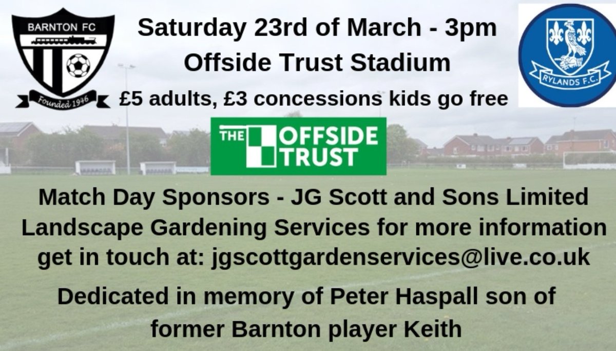 barntonfc's tweet photo. We are delighted to announce that the Landscape Gardening Services JG Scott and Sons Limited will be our match sponsors on Saturday #barnton #cheshire #nonleague https://t.co/RuvLUCK1bj