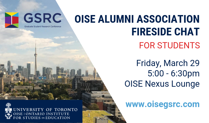 OISEAlumFriends's tweet photo. Kick off @OISE_GSRC at Alumni Fireside Chat on March 29 for @OISEUofT students interested in gaining insight into global career possibilities by degree. More details coming soon, register at https://t.co/KeOqAK68X9 https://t.co/XZsRwVgO9l