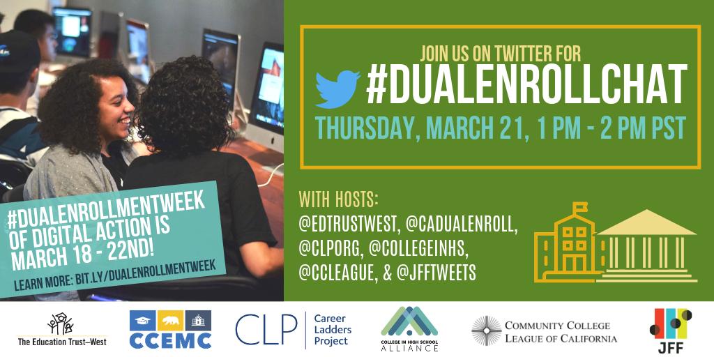 EdTrust's tweet photo. Today is the big day! Join us at 4 PM EST, as we discuss resources and best practices during #DualEnrollChat, hosted by @edtrustwest, @CADualEnroll, @CLPorg, @CollegeinHS, @ccleague, @JFFTweets! #DualEnrollementWeek https://t.co/ls07kpit3i