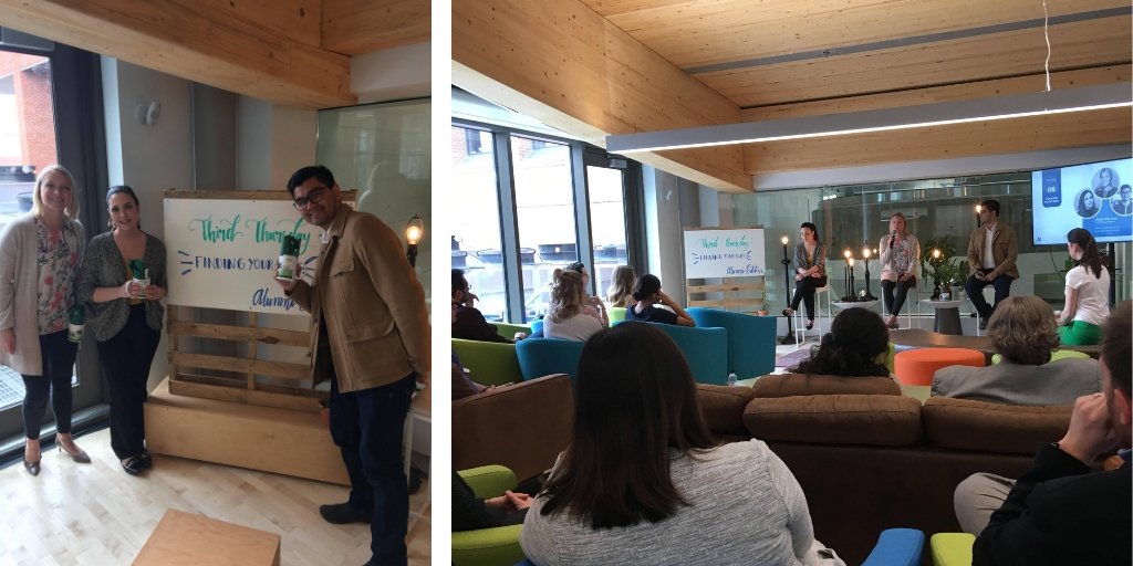 AlumniAlgonquin's tweet photo. We love welcoming #algonquinalumni back to @AlgonquinColleg campus! Big thank you to our grads Sheena Brady (CEO, @tease_tea), Ally Foster (Writer, @McMillan_Agency) & Hari Gopalan (Specialist Technologist, @CHEOhospital) as they led the #ACThirdThursday theme "finding your way" https://t.co/k584Mf4zd1