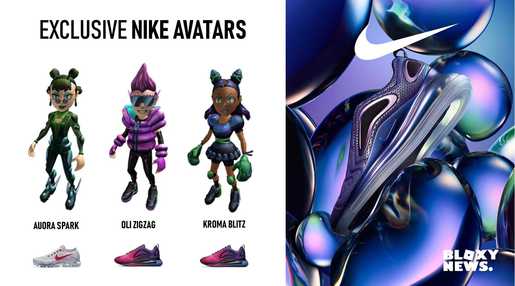 Bloxy News On Twitter Bloxynews There Are 3 New Free Exclusive Nike Roblox Avatars Featuring The New 720 Shoes Auora Spark Https T Co Geb8euqdkx Oli Zigzag Https T Co 9kza6tr1s4 Kroma Blitz Https T Co Vdyyjx9wrl Event Page - roblox nike 2019