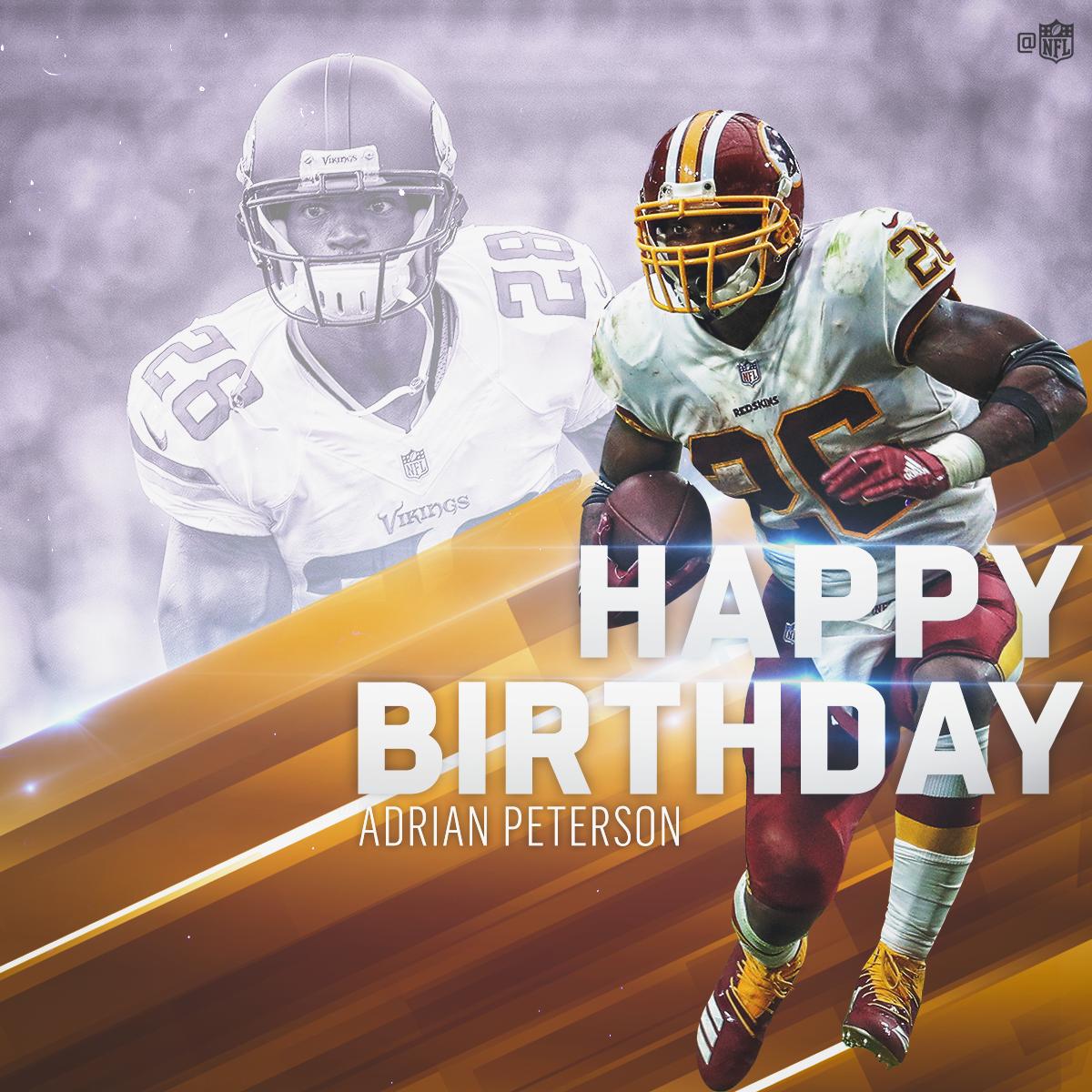 NFL's tweet image. 8th on the league's all-time rushing list.
7x Pro Bowler.

HAPPY BIRTHDAY to the legendary @AdrianPeterson! 🎂