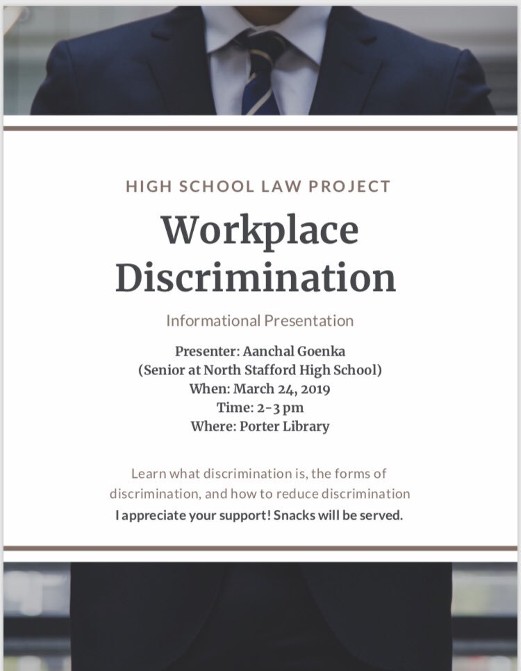 NSHSWolverines's tweet photo. Watch A. Goenka (@goenka_aanchal), one of our seniors, give her culminating presentation for Commonwealth Governor's School about workplace discrimination on Sun., Mar. 24th from 2 PM-3 PM at Porter Library. https://t.co/CIY9kGeqBn