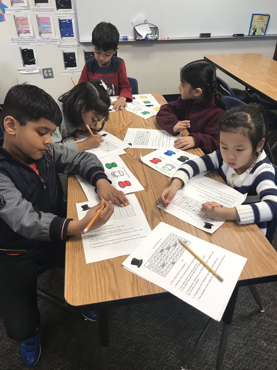 GTareWe's tweet photo. Kinder kids learning about DeBono’s Six Thinking Hats while working on a logic grid puzzle. #deductivethinking #sixthinkinghats https://t.co/I9Kh8E4cVP