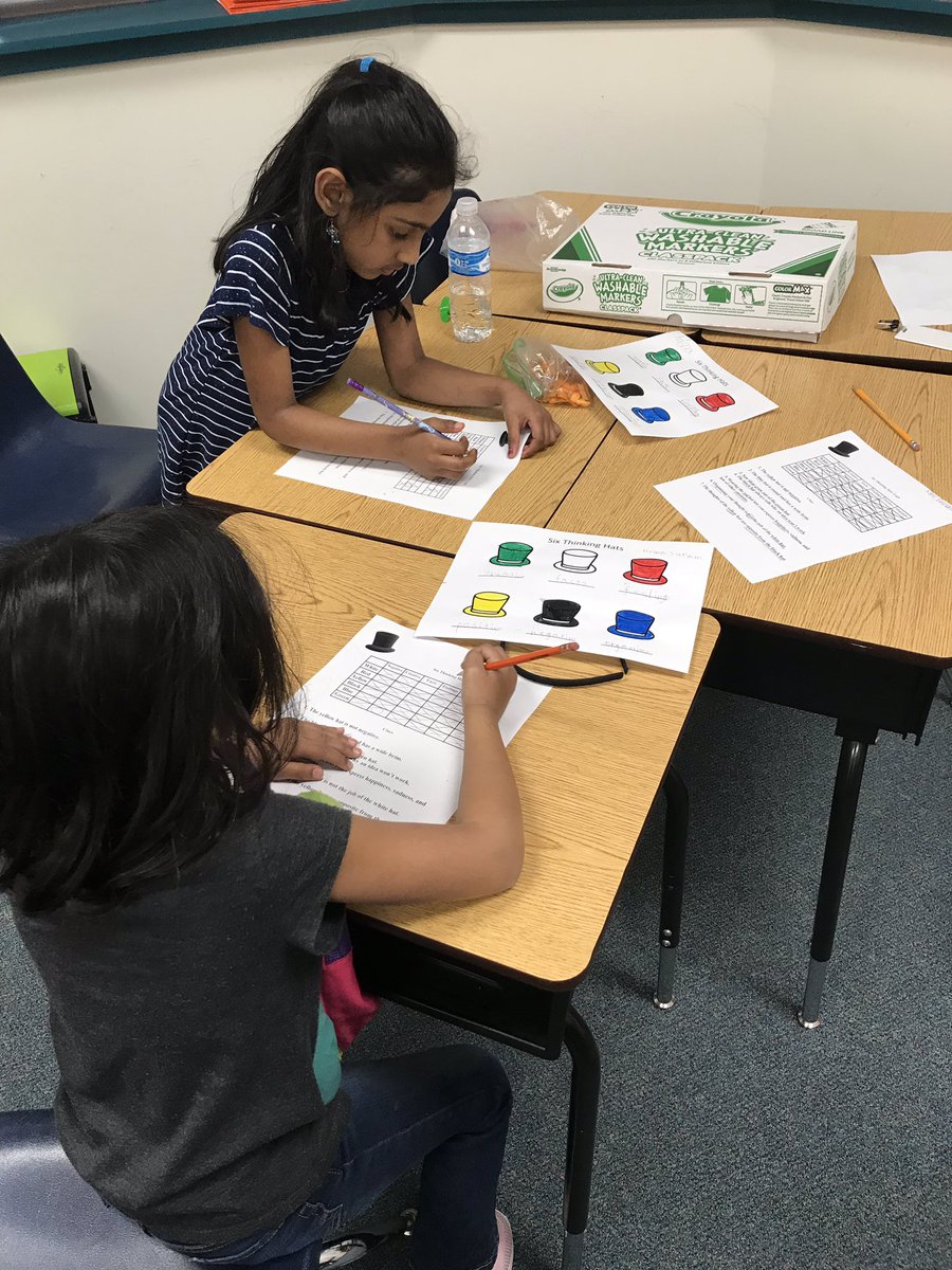 GTareWe's tweet photo. Kinder kids learning about DeBono’s Six Thinking Hats while working on a logic grid puzzle. #deductivethinking #sixthinkinghats https://t.co/I9Kh8E4cVP