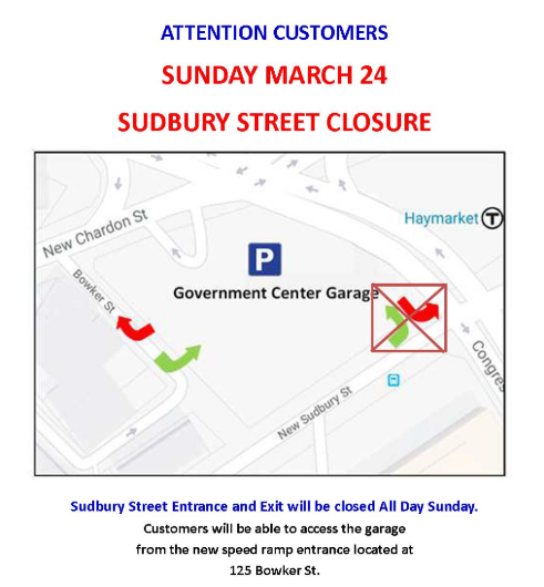 GCGParking's tweet photo. On Sunday, March 24, the Sudbury Street entrance/exit gates will be closed.  Please use our new entrance on Bowker Street. https://t.co/rgX3i3Mwjn