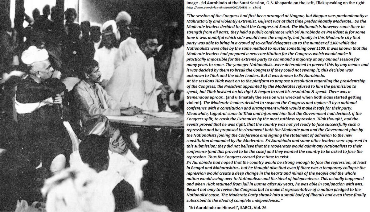44) Decisive action at Surat & Nagpur:Moderates & Extremists went to Surat session (1907) with their daggers drawn, & out came the result—Congress was split..History may have not accurately recorded it, but it was  #SriAurobindo who changed India's political destiny at Surat: