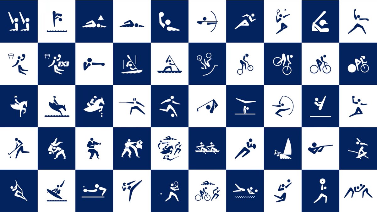 upshiftcreative's tweet photo. Japanese designer Masaaki Hiromura &amp; his team revealed the pictograms for all 33 sports taking part in the #Tokyo2020 Olympic Games. They will used across venues, brochures &amp; merchandise during the games. Which sport is your favorite? https://t.co/KkBXU0jWea