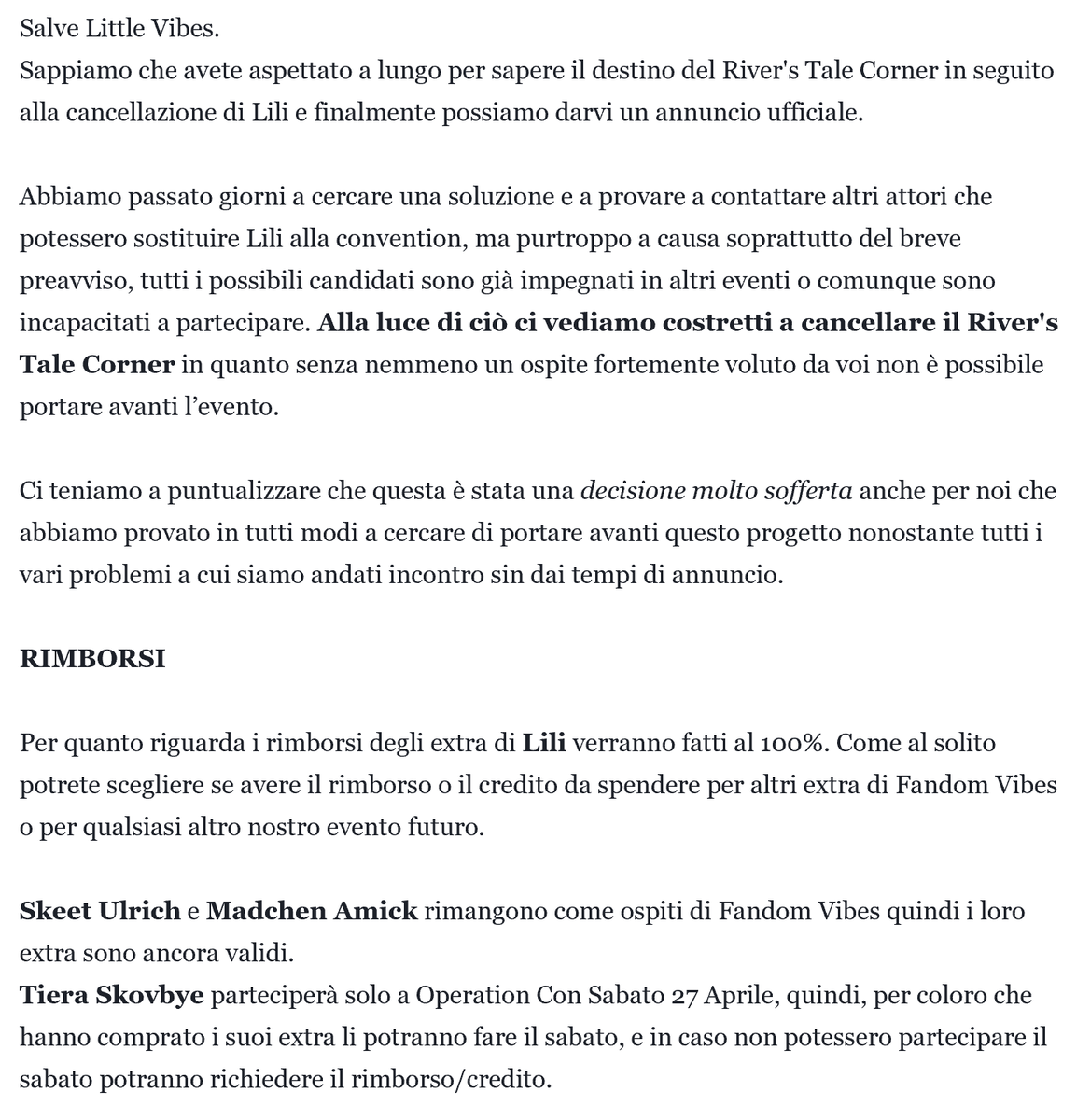 RiversTaleConIT's tweet photo. Siamo dispiaciuti di dover comunicare la cancellazione del River's Tale Corner.
Abbiamo provato in tutti i modi a salvare l'evento in questi mesi, ma senza successo.
Dettagli e info rimborsi qui: https://t.co/rWajuWFihq https://t.co/L5a8cDGCCb