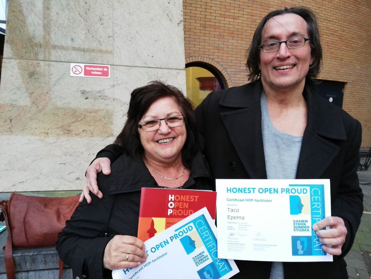 Taco en Sija zijn gecertificeerd HOP-facilitator! Met succes volgden zij de opleiding bij Samen Sterk zonder Stigma. HOP (Honest, Open &amp; Proud) is een effectieve empowerment training voor mensen met een psychische kwetsbaarheid die zelfstigma kan verminderen! #leviaan #purmerend