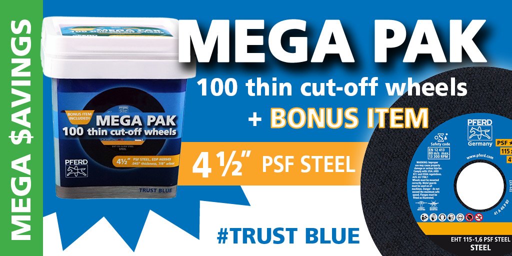 PFERD_NA's tweet photo. Looking for MEGA $AVINGS on thin cut-off wheels? Order PFERD's MEGA PAK today! Now available while supplies last. Contact your local PFERD rep. or distributor for details. #TRUSTBLUE #MEGAPAK https://t.co/0ZECpbb4nz