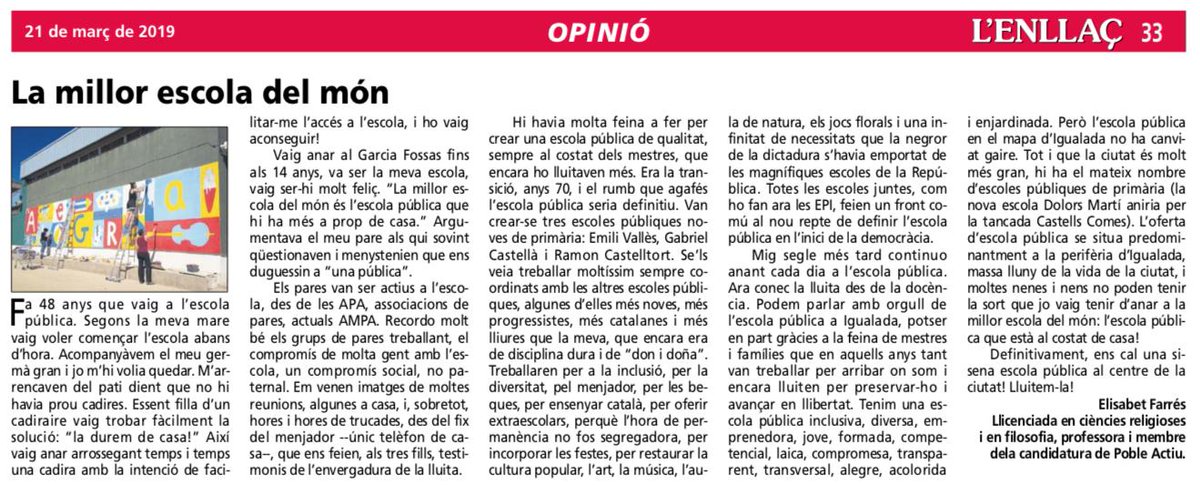 Avui l'Elisabet Farrés, professora de l'IES Pere Vives i membre de <a href="/PobleActiu/">Poble Actiu Igualada</a>, ens ha regalat un article preciós sobre "la millor escola del món"! 😍😍😍

Mooltes gràcies! 👍

cc: @ampadolorsmarti <a href="/amparc_igualada/">AFA Ramon Castelltort</a> <a href="/ampaGF/">AFA GARCIA-FOSSAS</a> <a href="/ampascatcentral/">Plataforma AFA Catalunya Central</a> <a href="/FaPaCcat/">Fapa Ccat</a>