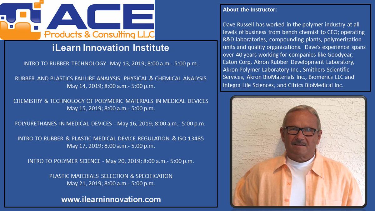 @ilearninnovation has a full schedule of Training Classes in May! 
Dave Russell will be instructing 7 classes in May. Classes are listed on the website. We hope to see you there! #RubberTraining #RubberLab #RubberNerds #MakingRubberSexy #iLearn #aceprodcon