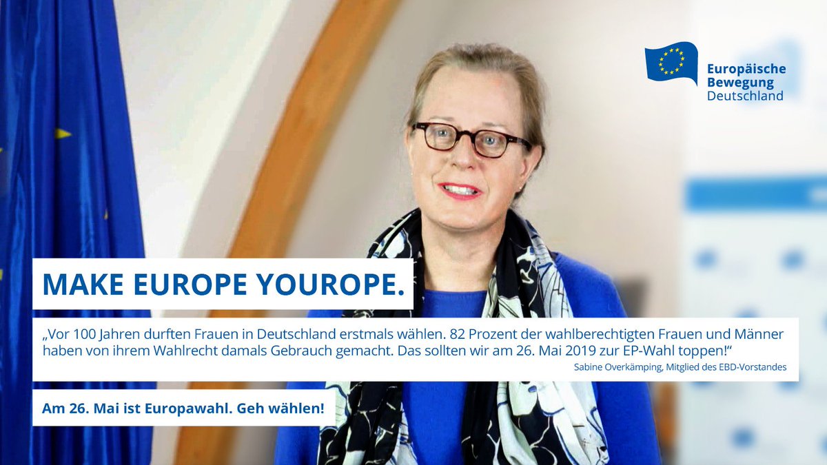 NetzwerkEBD's tweet photo. "Vor 100 Jahren durften Frauen in Deutschland erstmals wählen. 82% der wahlberechtigten Frauen und Männer haben von ihrem Wahlrecht damals Gebrauch gemacht. Das sollten wir am 26. Mai 2019 zur EP-Wahl toppen!" #EBDVorstand @SOverkamping (@juristinnenbund) für #MakeEuropeYourope. https://t.co/9x5Imn8Dsl