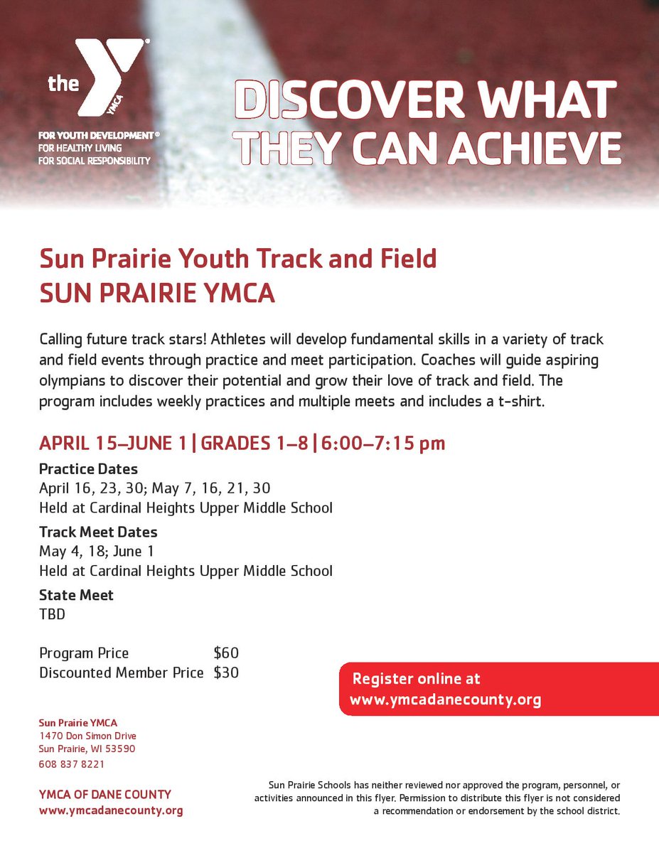 SP_EastTF's tweet photo. YMCA Youth Track & Field
Great opportunity for @sunprairiek12 and surrounding area athletes grades 1 - 8. #TheFutureIsBright https://t.co/LI1drHnAyM