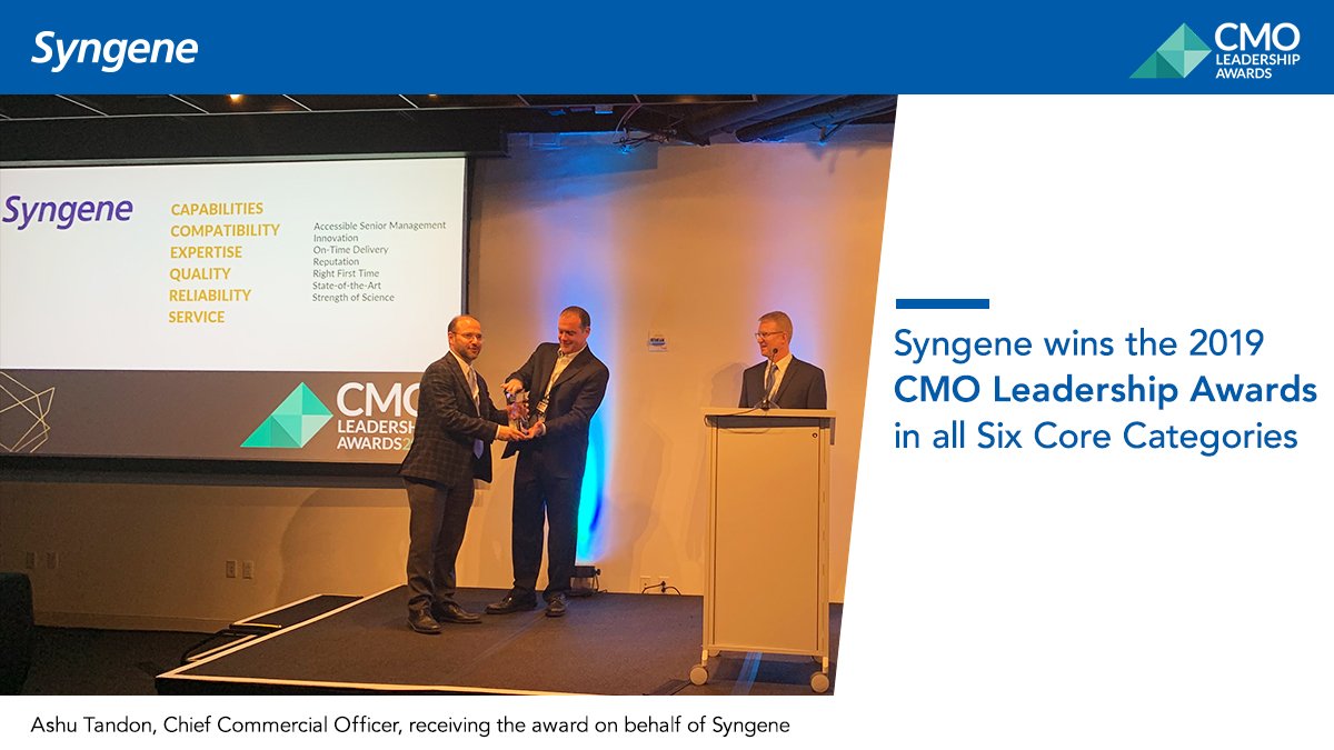 SyngeneIntl's tweet photo. The #CMOleadershipawards presented by @LifeSciLeader1 on the sidelines of #DCATWeek19 recognizes leading #ContractManufacturing Orgs. Primary market research by @SIRreports is the basis of the awards. Read more @ https://t.co/DRx1KoXTqM. #Biopharma #Pharma #PressRelease #CDMO https://t.co/bctlJJvgYL