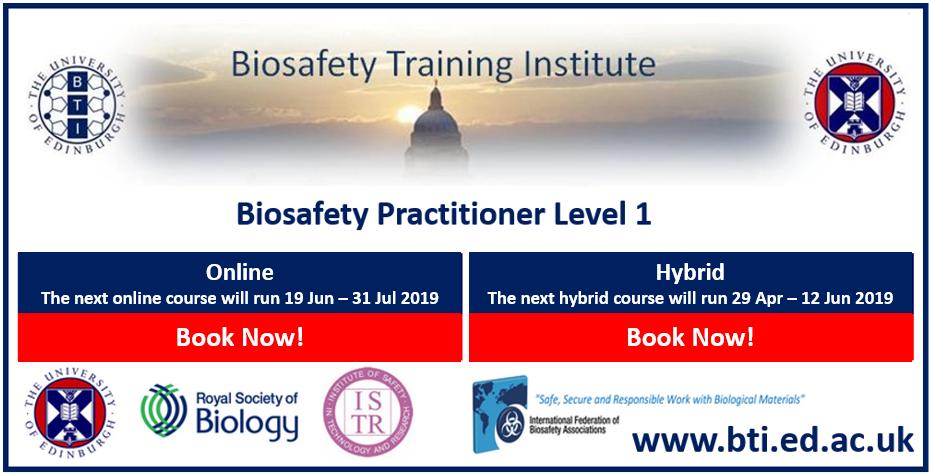 BTIEdinburgh's tweet photo. #Biosafety Practitioner Level 1 courses - book now!   https://t.co/rWPDV27XLG https://t.co/4jnMbhIfdT