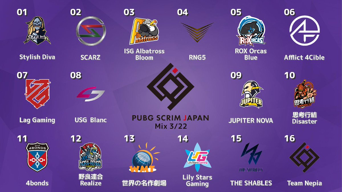PUBGSCRIMJAPAN's tweet photo. 🔥PUBG SCRIM JAPAN roster🔥
3/22(金)
Mix 21:00開始

神視点放送はありません。選手の個人配信等でお楽しみください。 https://t.co/IEM5IxmEHI