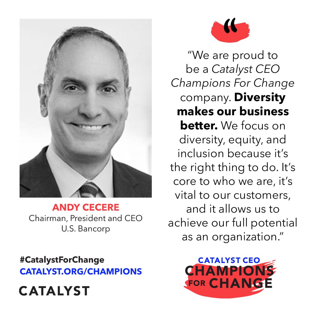 CatalystInc's tweet image. An exciting announcement: @usbank's Chairman, President, and CEO, Andy Cecere, just signed the #CatalystForChange pledge to advance gender equality. 

Learn more: catalyst.org/champions