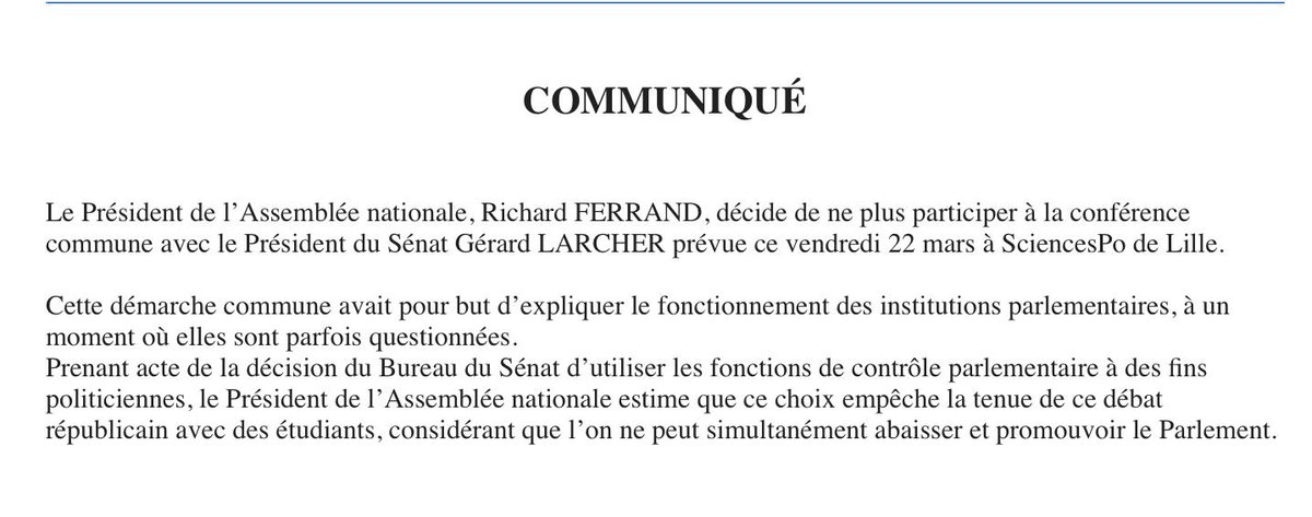 pmathon's tweet image. Dégât collatéral de la décision du Sénat dans l'Affaire #Benalla : Richard Ferrand, qui dénonce une décision "politicienne", annule son déplacement avec Gérard Larcher demain à Lille @LCP