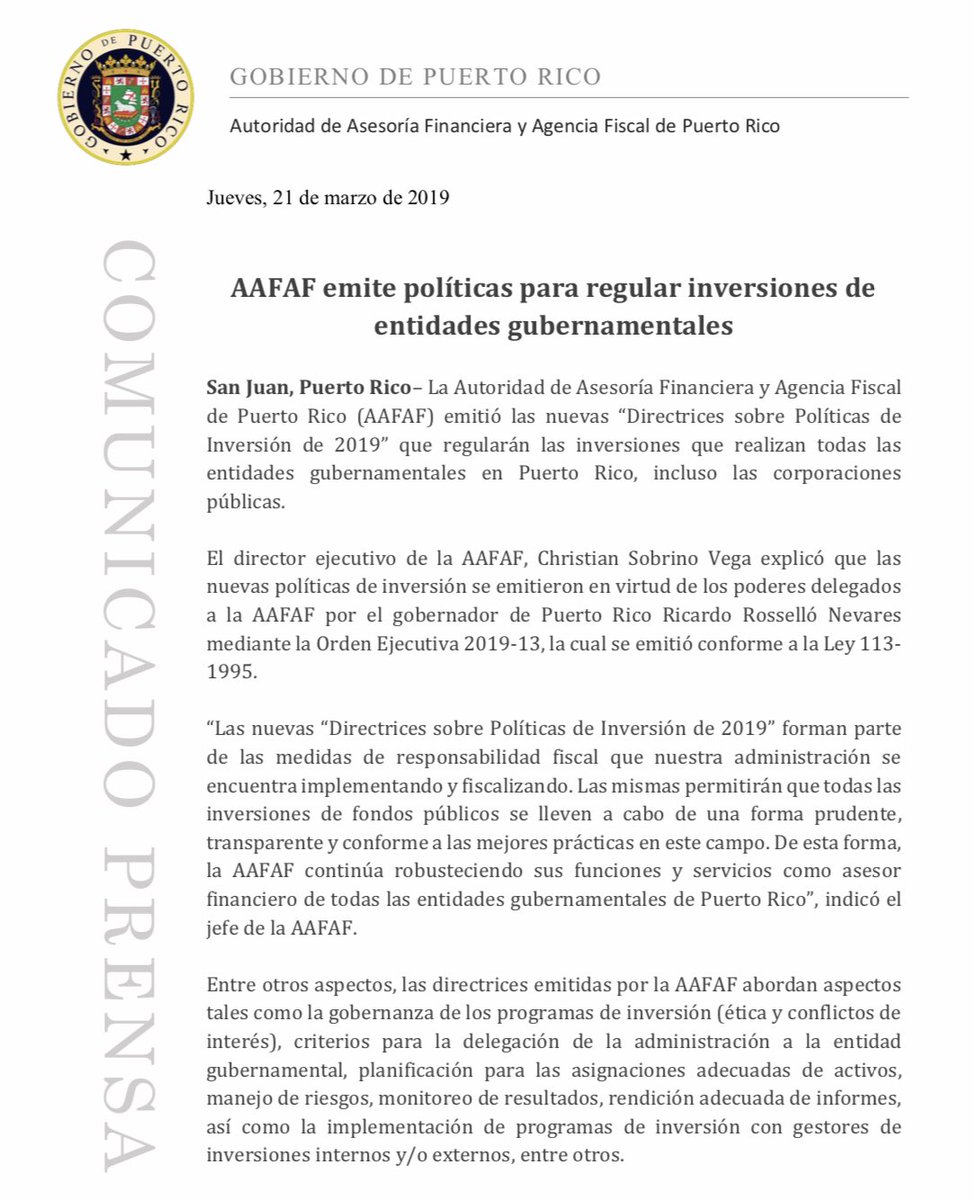 AAFAFPR's tweet photo. [Comunicado de Prensa] La @AAFAFPR emitió las nuevas “Directrices sobre Políticas de Inversión de 2019” que regularán las inversiones que realizan todas las entidades gubernamentales en Puerto Rico, incluso las corporaciones públicas | #AAFAFInforma https://t.co/GTrLyu57WF