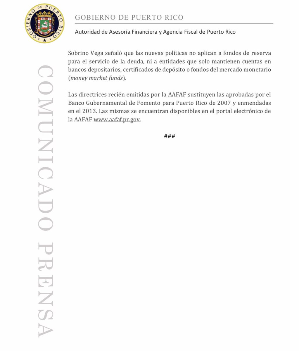 AAFAFPR's tweet photo. [Comunicado de Prensa] La @AAFAFPR emitió las nuevas “Directrices sobre Políticas de Inversión de 2019” que regularán las inversiones que realizan todas las entidades gubernamentales en Puerto Rico, incluso las corporaciones públicas | #AAFAFInforma https://t.co/GTrLyu57WF