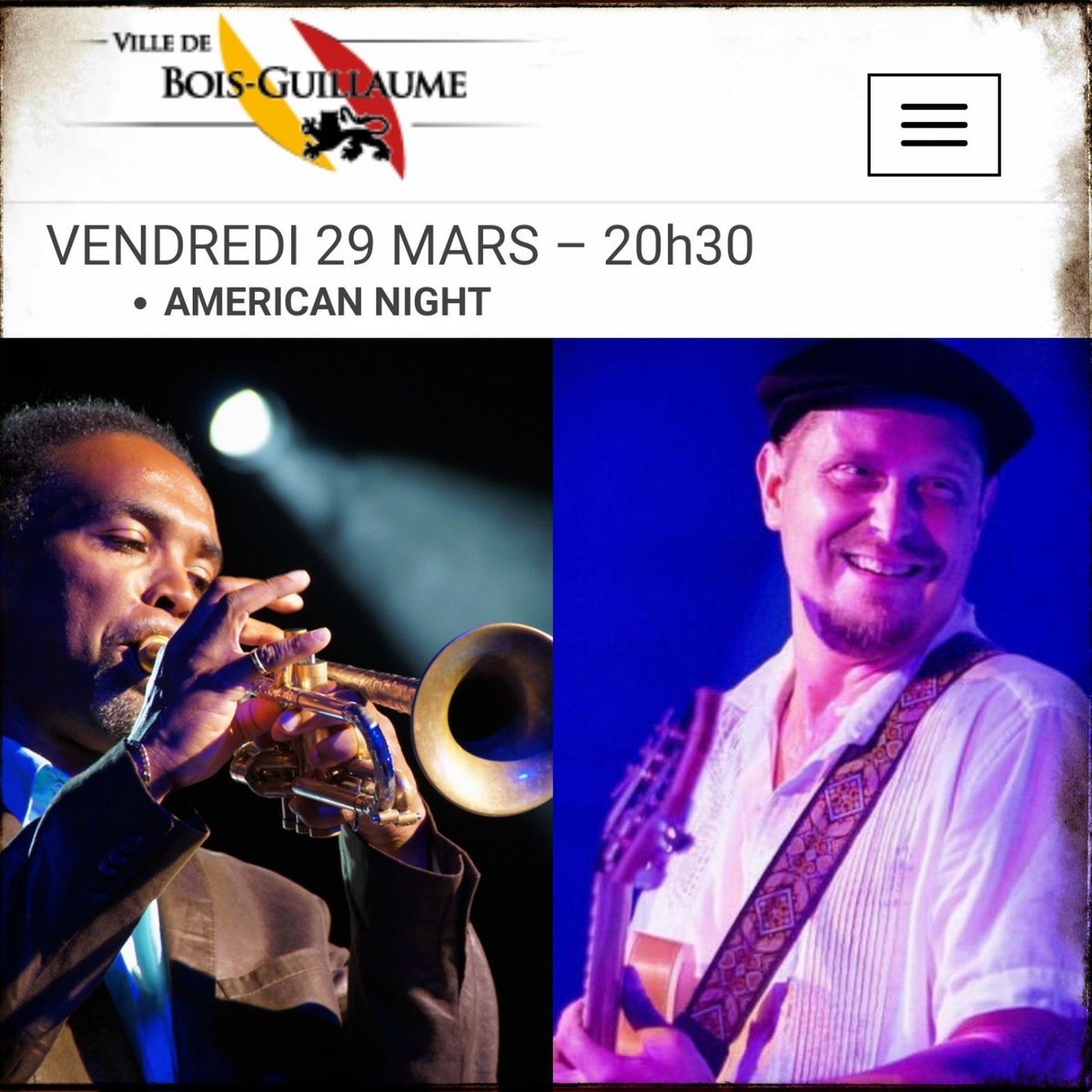 SolRoots's tweet photo. FRANCE Fri Mar 29! #JazzinMars
"Des artistes des USA..cette soirée dans une ambiance jazz intimiste et soul-blues. #RonaldBaker joue et chante avec une sensation exquise et un swing remarquable...puis @SolRoots, un talentueux musicien American, guitariste féroce chanteur soulful" https://t.co/TR2MOGr97y