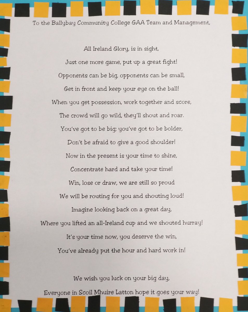 BallybayCC's tweet photo. 'All Ireland Glory is in Sight' #BCC
What a unique and creative Good Luck message from everyone at @LattonNS!
A massive thank you to the school for their support #ShowYourSupport #ManyClubsOneSchool #Creativity #Poetry https://t.co/jjm5pUXXzL