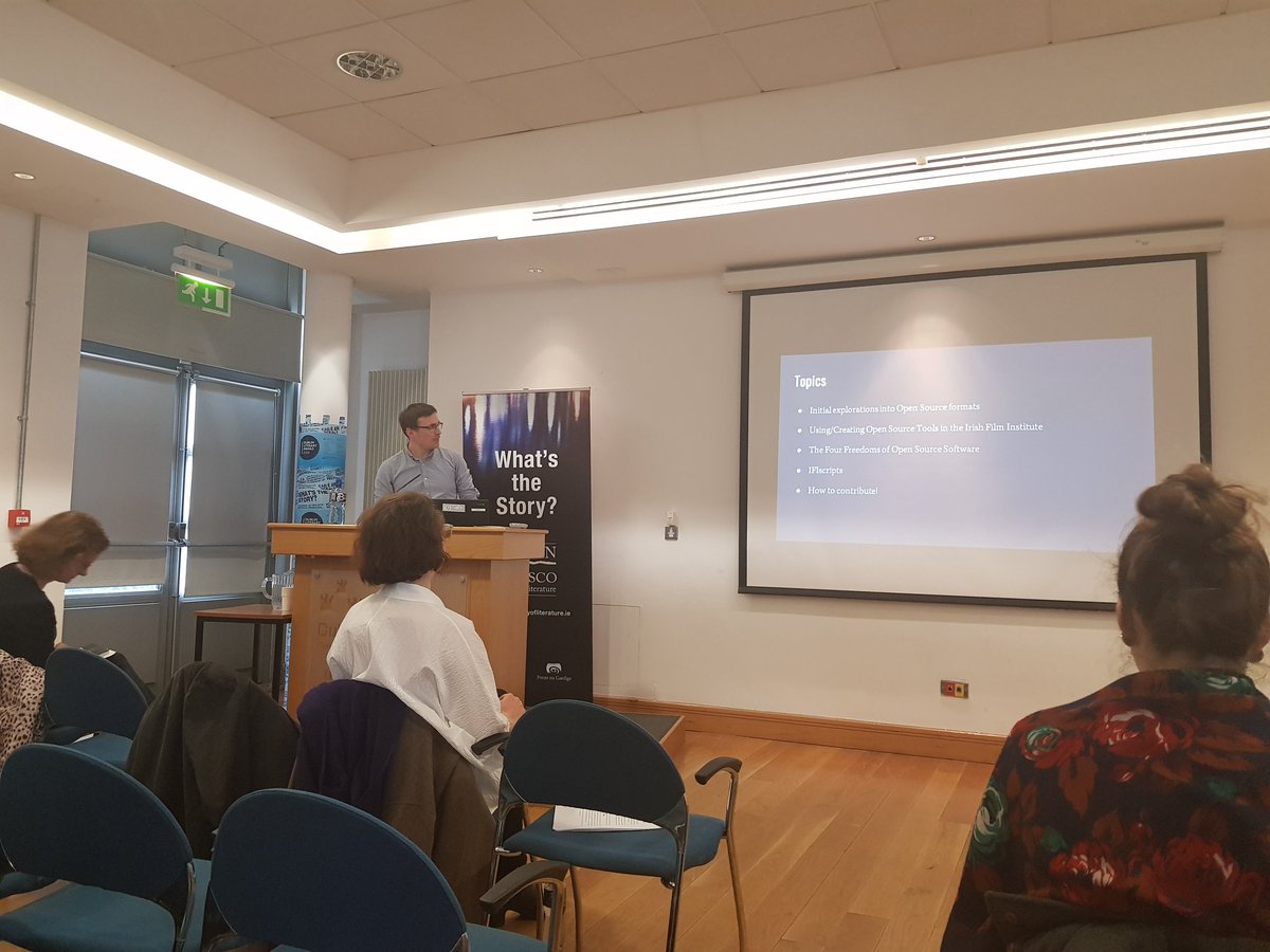 ARAIreland's tweet photo. The @ARAIreland training day kicks off with @kieranjol presenting @IFI_Dub 's award winning work on #IFIScripts beginning with the 4 freedoms of free software. "Open softwares are less vulnerable to technological obsolescence..." #digipres #IrishArchives @kazzikat https://t.co/2ngmCpMBjE