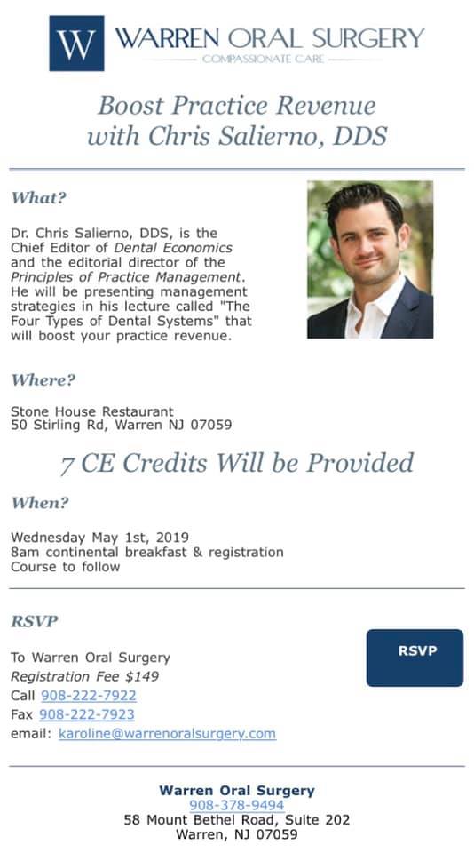 REGISTER NOW!! 
May 1st Study Club with Dr. Chris Salierno, the Chief Editor of Dental Economics on the topic Boost Practice Revenue with the Four Types of Dental Systems at Stone House Restaurant 
Open to ALL dentists and staff members!!!!