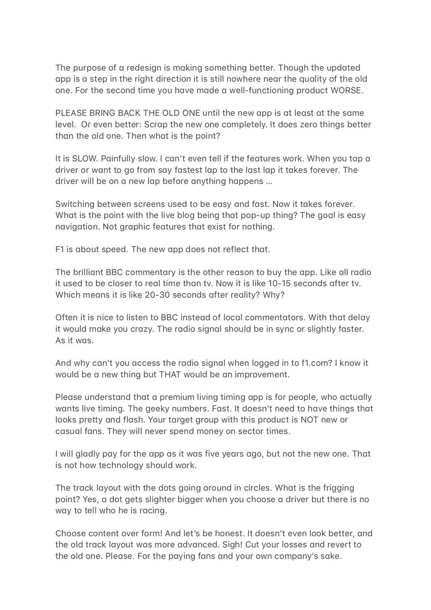 JonasHut's tweet photo. @F1Help The whole point of doing an upgrade is to improve something. For the second time time you have made your own great product - the premium F1 live timing app - WORSE. It is now painfully slow. Do as all a favour and revert to the old one. Reasons why attached. #F1 #f1help https://t.co/qBUUsn4PDc